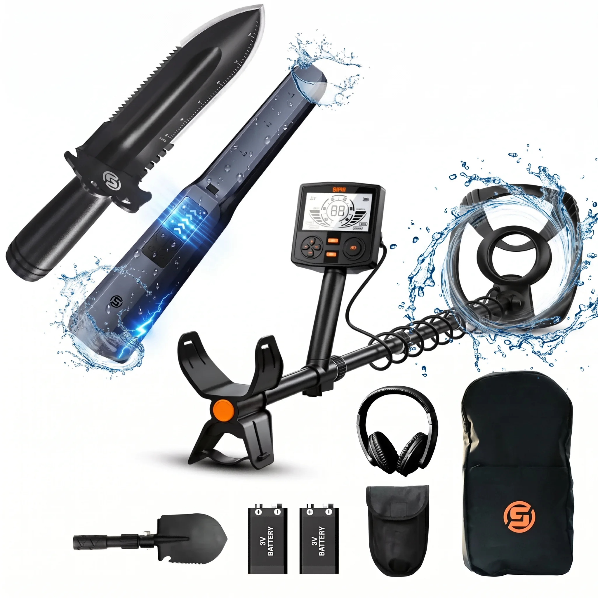 SUNPOW Professionelles unterirdisches Metalldetektor-Set für Erwachsene mit Pinpointer & Multifunktionsschaufel,25cm IP68 Spule,5 Modi, doppelt beleuchtetes LCD. Golddetektor Schatzsuche Strand Fluss