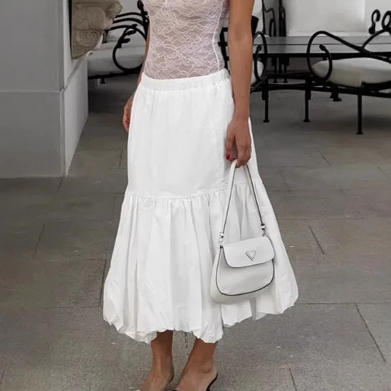 프렌치 스타일 우아한 화이트 튤립 스커트, 2025 여름 신상, 하이웨이스트 미디길이 A라인 스커트