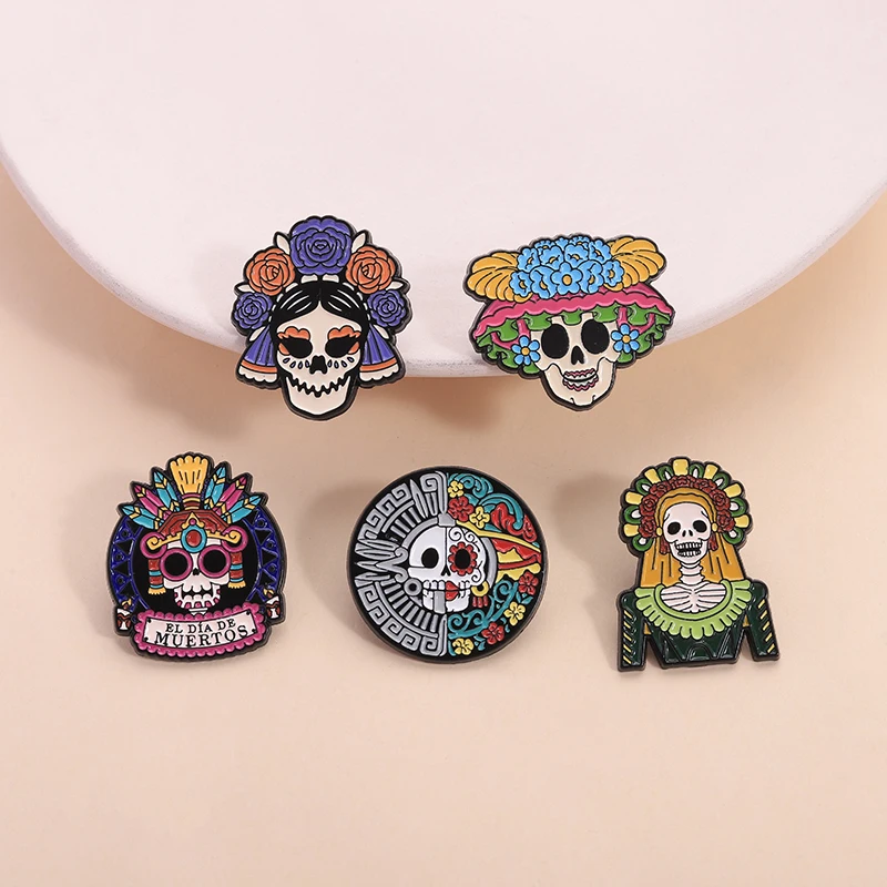 Day Of The Dead Skeleton Catrina Enamel Pins De Los Muertos La Mexican Festival Brooches Lapel Badge Jewelry Gifts for Friends