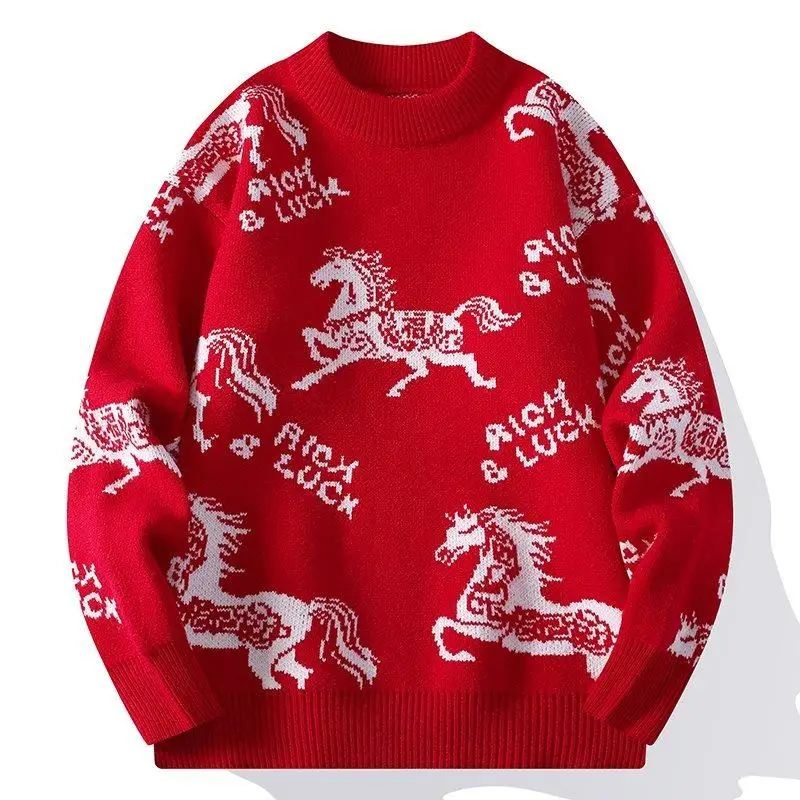 

Новый мужской вязаный свитер 2025 года: зимняя одежда для пар, красный трикотаж, молодежный утепленный повседневный свитер с круглым вырезом