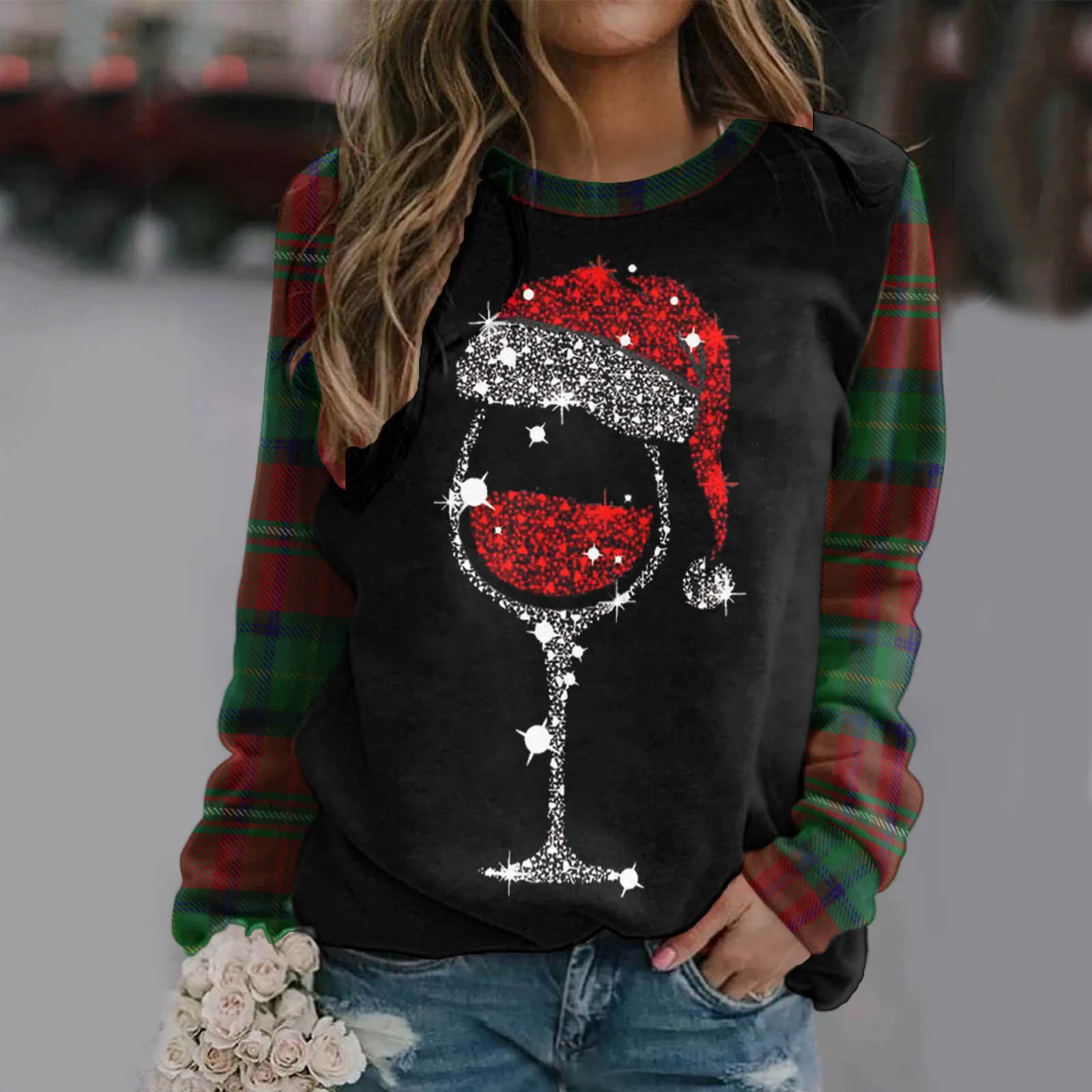 2024 Christmas Print Women Crewneck Hoodies Plaid Patchwork Long Sleeve Red Wine Glass Graphic Pullovers Sweater Warm Sweatshirt