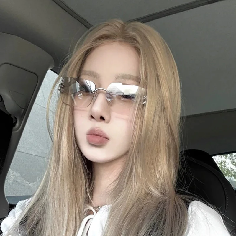 

European and American curved frameless Y2K water silver sunglasses Asian spice girl style advanced sense