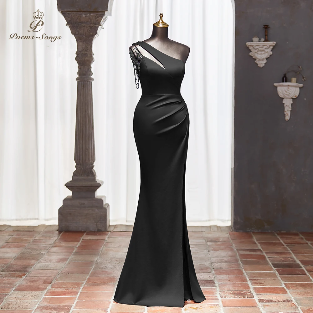 Poems Songs Black One-Shoulder Evening Dress with Beaded Sleeve and Draped Side, Slim Fit Elegant Gown vestidos de noche