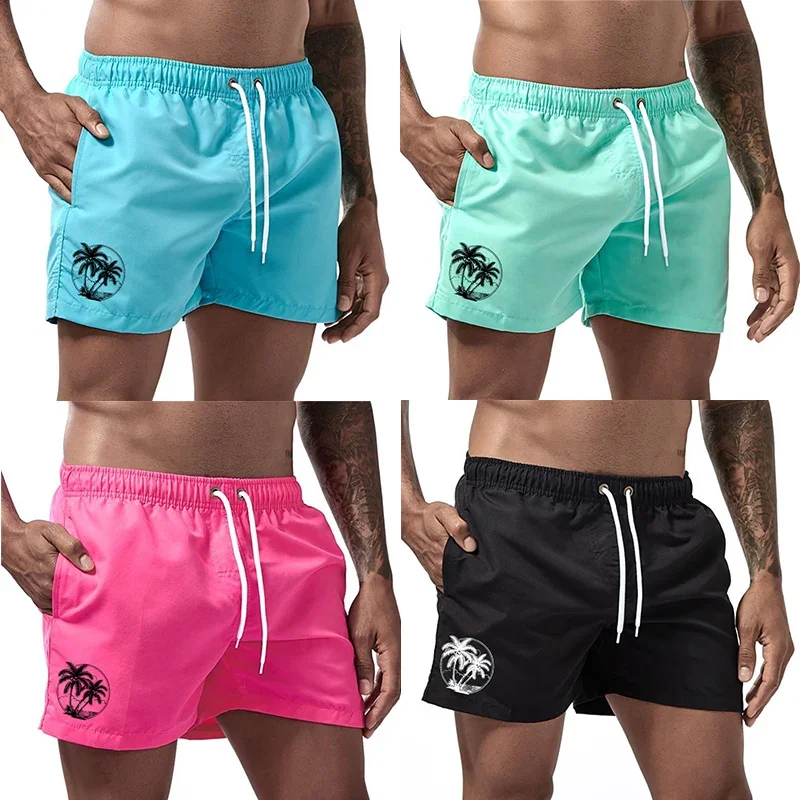 Coconut Tree Print Swim Trunks for Men Summer Quick Dry Beach Shorts with Mesh Lining Side Pocket Swimwear Swimsuit Board Shorts