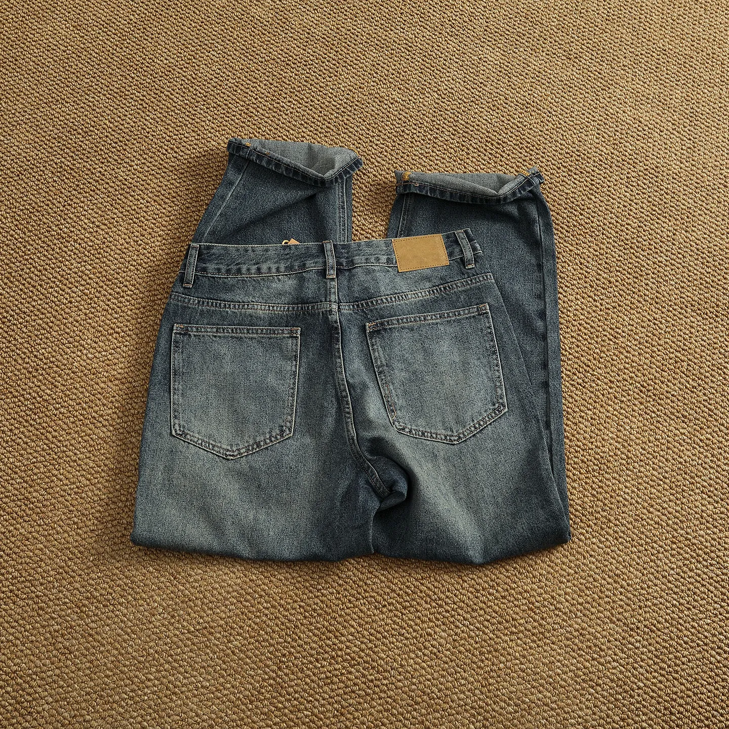 Heavy-duty plain-washed whiskering jeans for men, American-style street washed, distressed, loose, versatile straight-leg pants