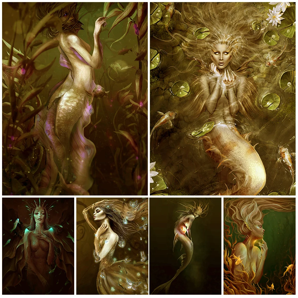

Siren Song And Deep Sea Mermaid Vintage Wall Art Canvas Painting Elves In The Sea Poster Print Mysterious Creature Decor Prints
