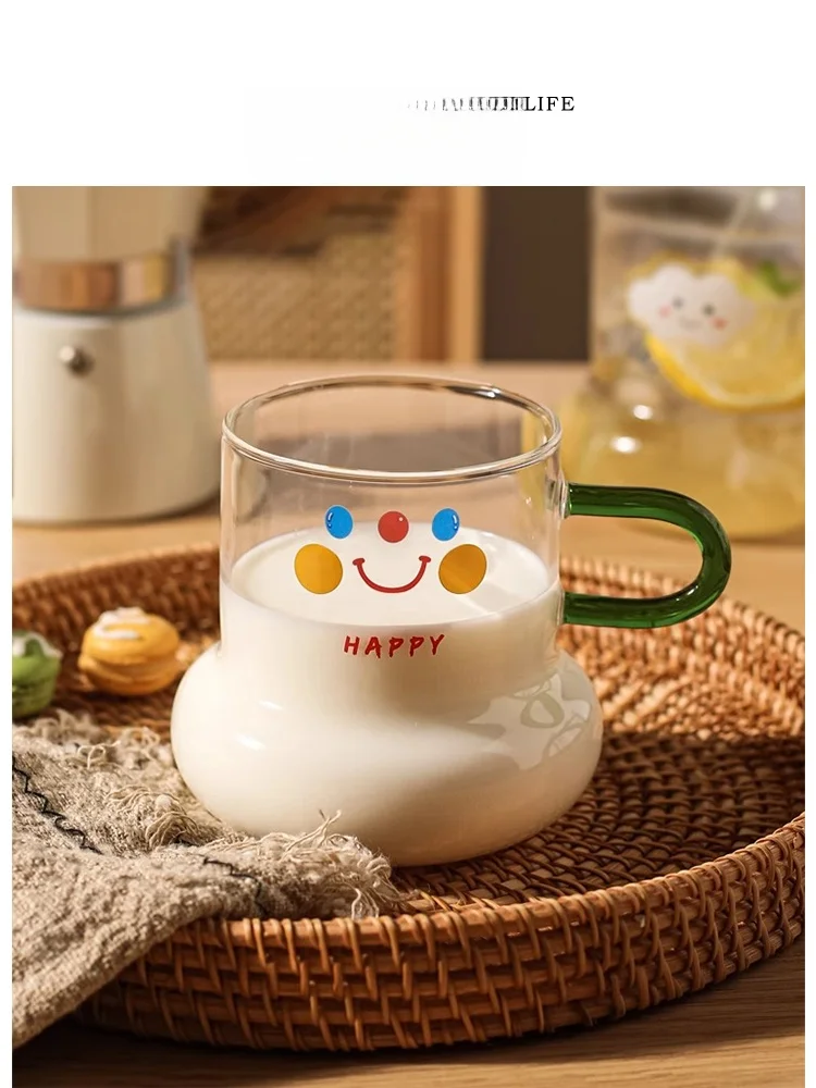 

Термостойкая стеклянная кружка Tlife Pure с ручкой, креативная чашка для завтрака для домашнего использования, однослойная кружка с мультяшным принтом в стиле Ins
