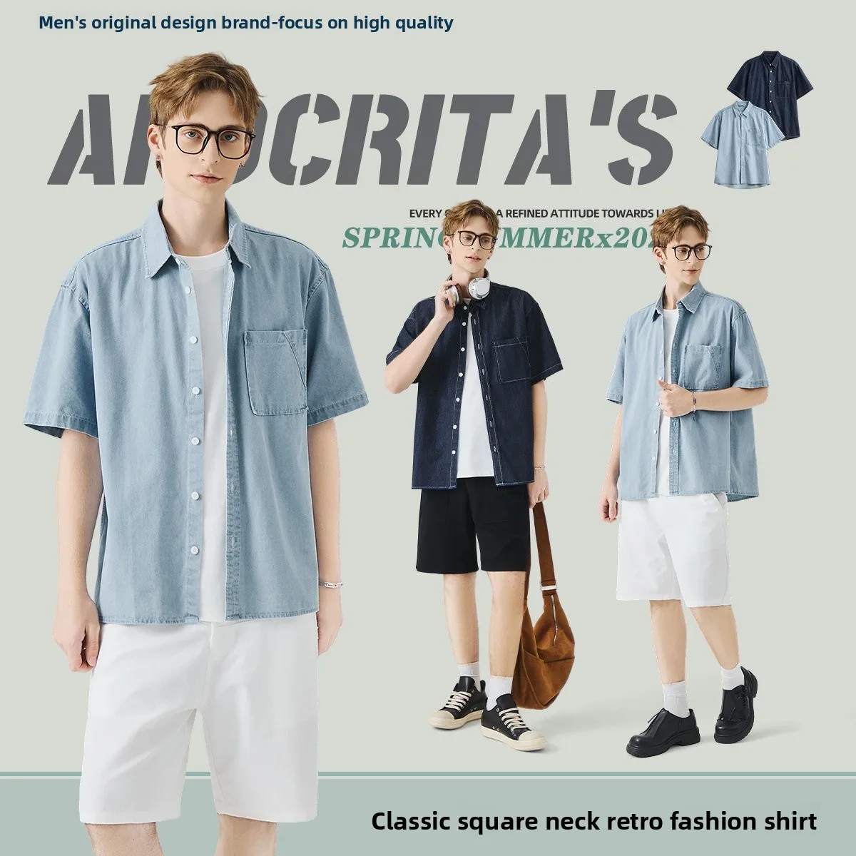 

Мужская повседневная джинсовая рубашка с коротким рукавом, летняя, в уличном стиле, свободного кроя, с воротником, универсальная, повседневная, бренд APO, 100% хлопок