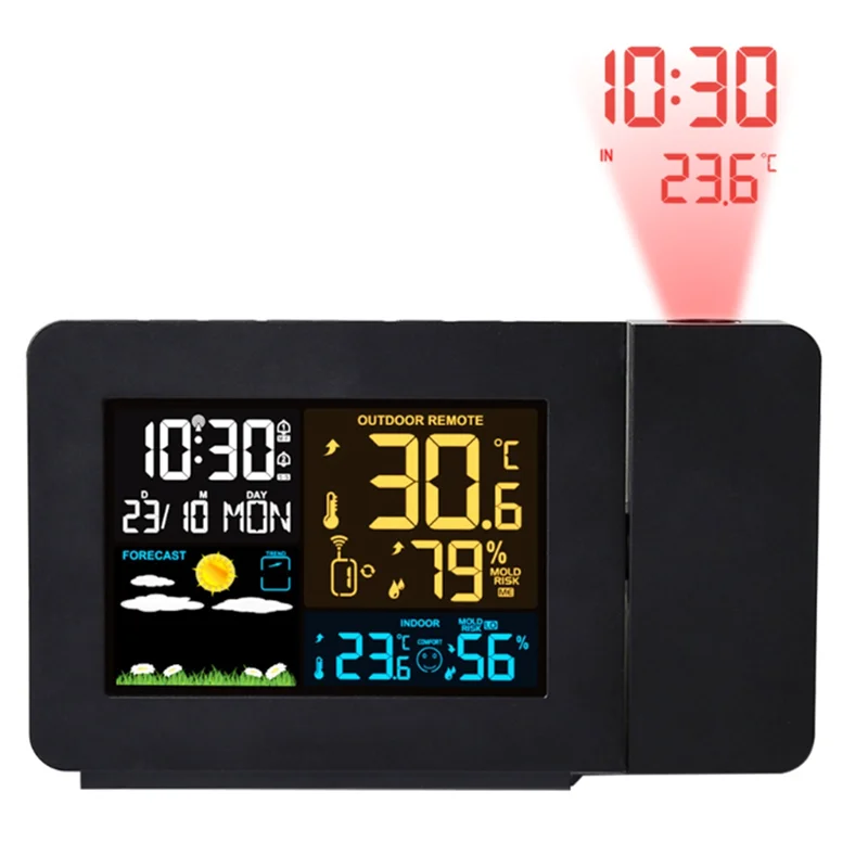 FULL-Weather Station Thermohygrometer Suitable Forindoor Andoutdoor Withsensor Wireless Digital Projection EU Plug
