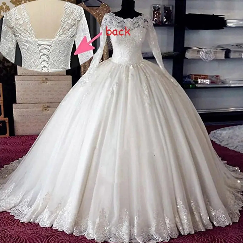 Luxe Prinses Pluizige Lange Mouwen Tulle Lace Kralen Pailletten Trouwjurken Mariage Nieuwe Bruidsjurken Custom Made