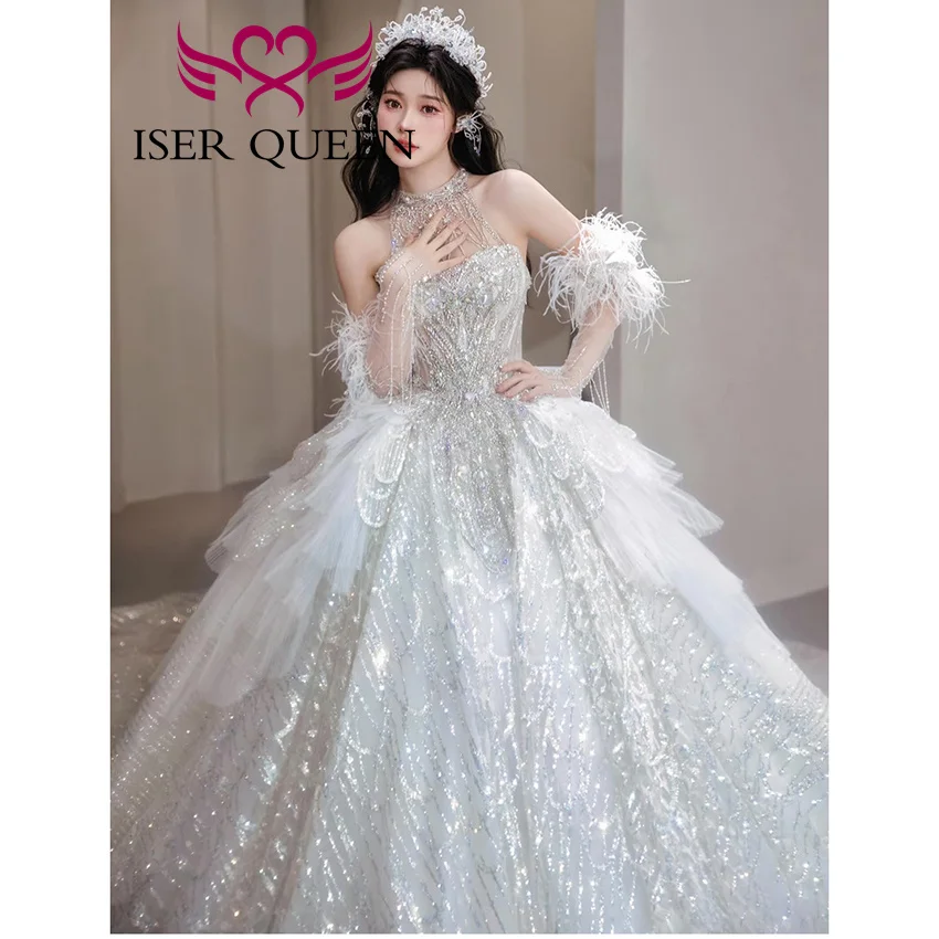 Customized Halter Feather Sleeves 2025 New Fashion Princess Wedding Dress For Ladies Shiny Fabric Luxury Bride Dresses WX0470