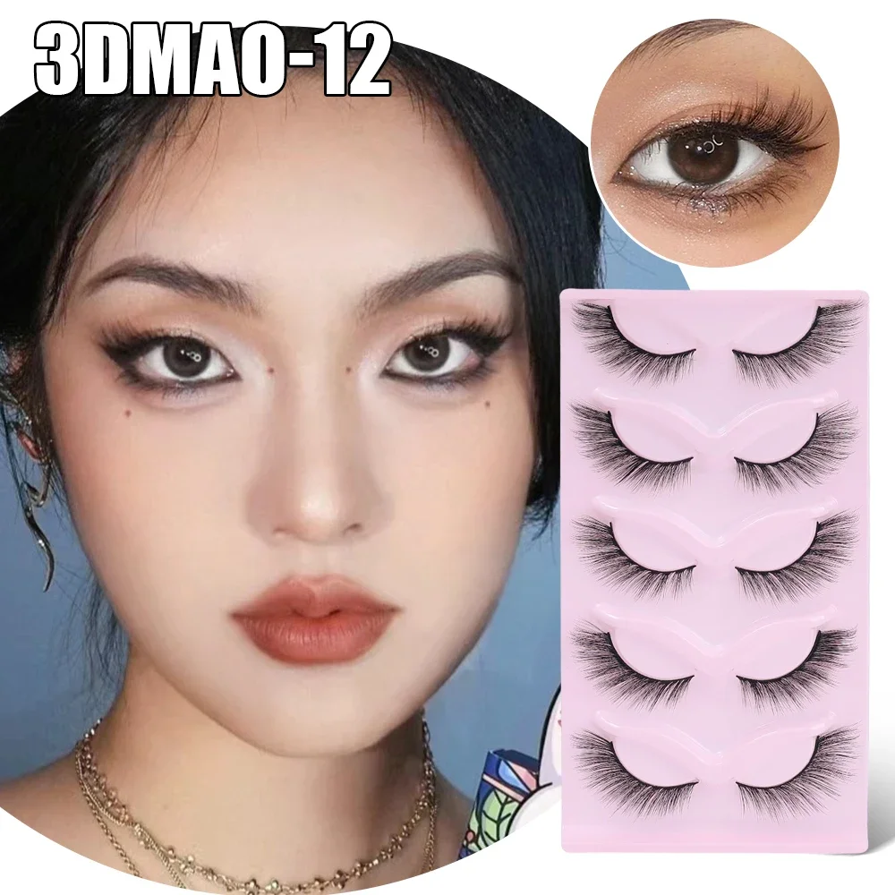 3D Cat Eye False Eyelashes 5 Pairs Short Fluffy Eyelashes Soft Natural Long Strip Lashes Winged End Eye Elongated Lashes Makeup