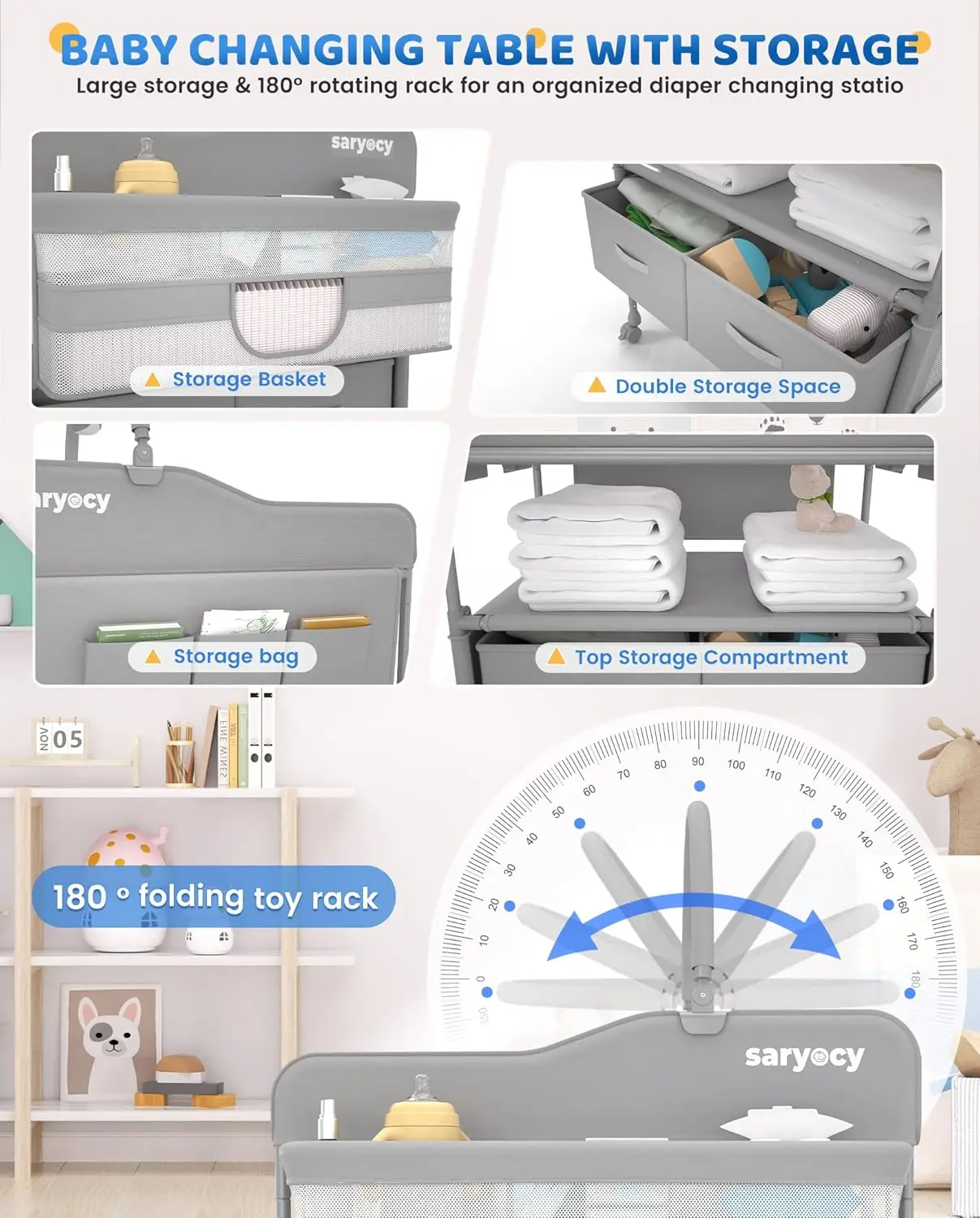 Foldable Baby Changing Table with Adjustable Height, Waterproof Pad, Storage Drawers and Wheels for Nursery