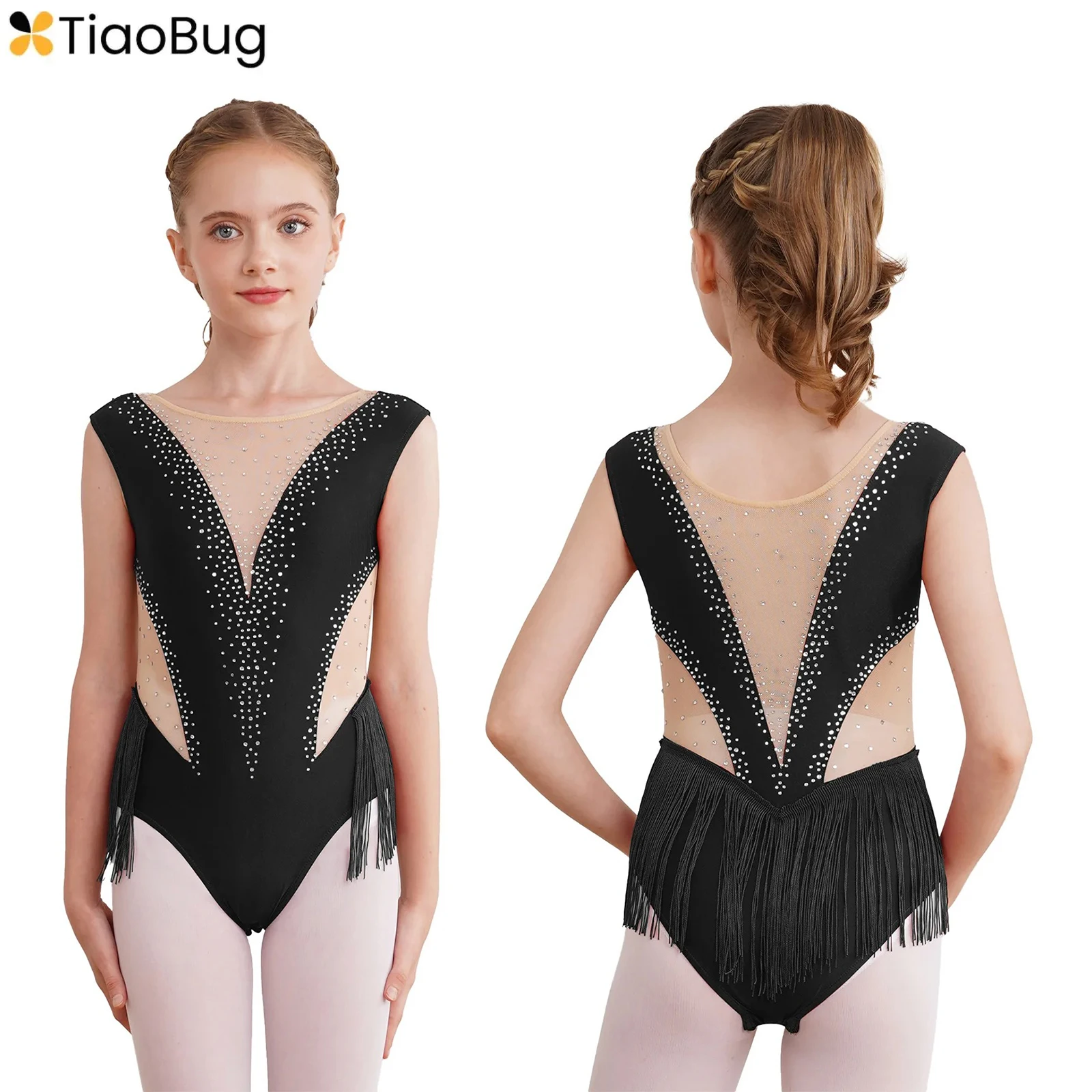 

Kids Girls Latin Dance Figure Skating Performance Costume Shiny Rhinestone Fringed Leotard Sheer Mesh Patchwork Tassel Bodysuit