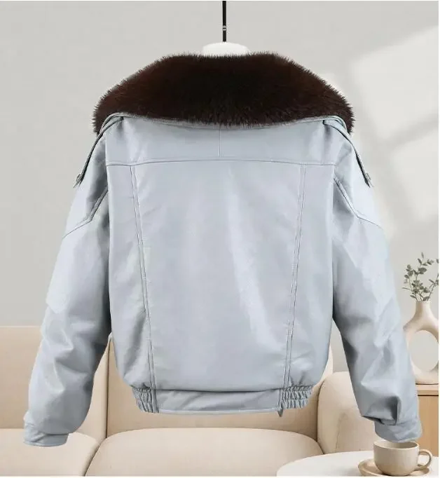 2026 High-quality Leather Jacket New Women's PU Black Leather Coat Winter Fur Collor Short Puffer Parkas Fur Outwear