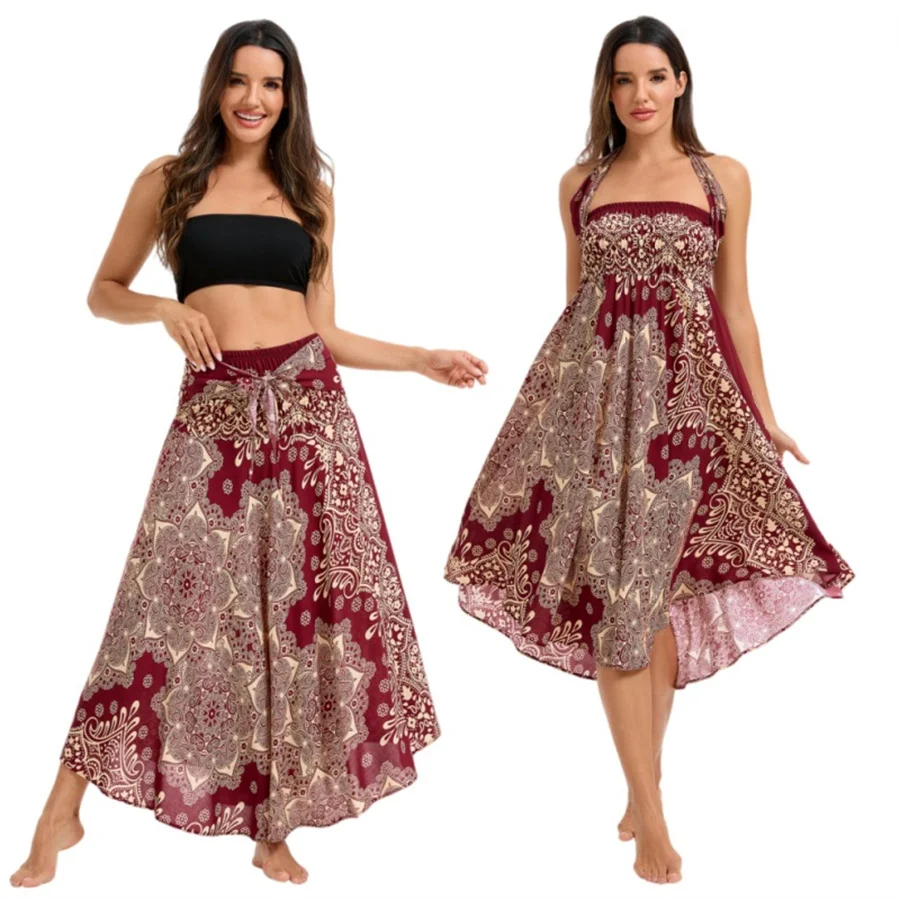 Damen Boho-Kleid aus Rayon, Atmungsaktiv, Weich, Sommerliches Bohemian Langes Kleid, Strandkleidung, Urlaub, Elastische Taille, Bandage-Neckholder, Hippie-Kleid – Detail 17