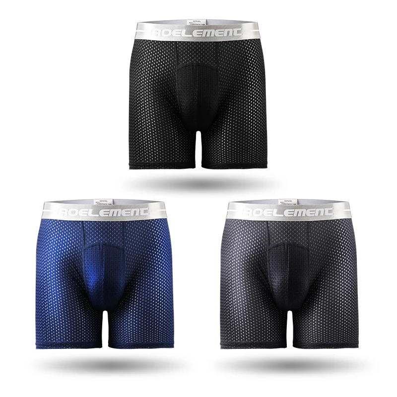 

3шт Мужское нижнее белье: Удлиненное, антижность, плоская нога, ледяной шелк, перфорированное, дышащее, быстросохнущее, для бега, длинные брюки