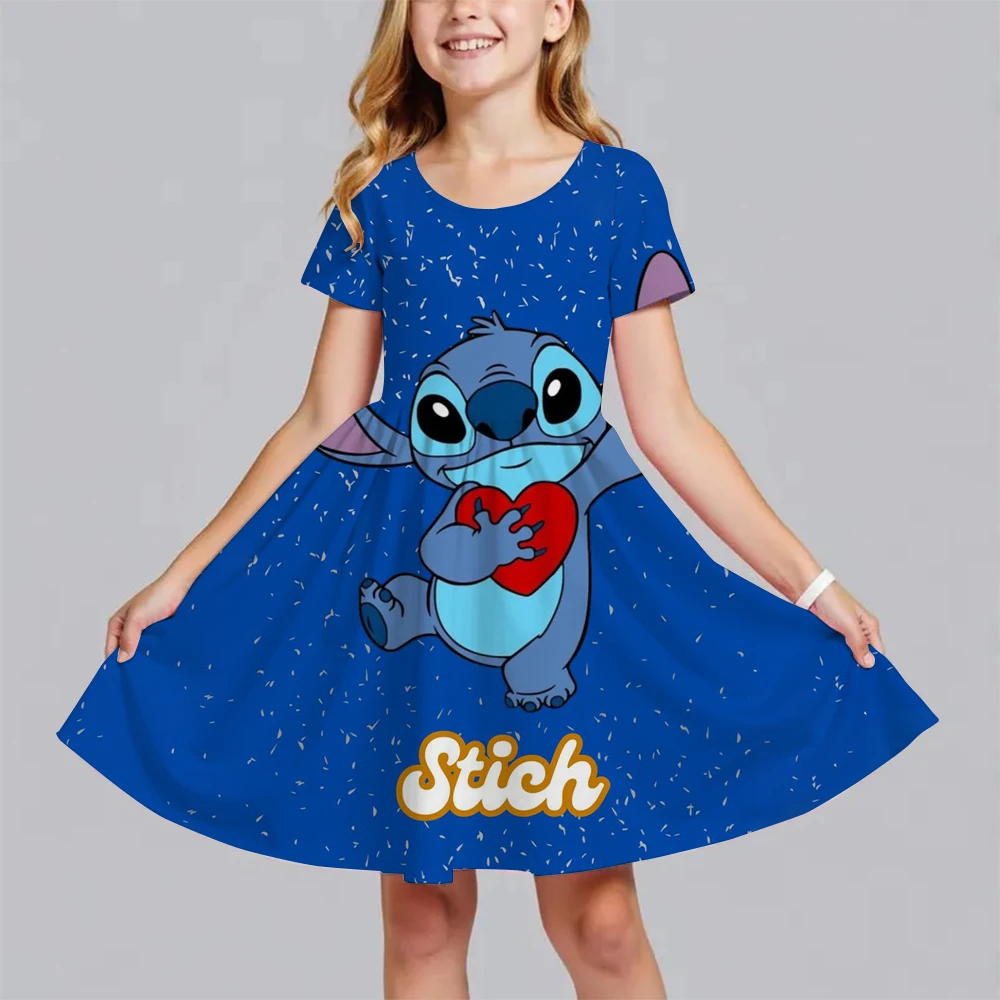 

Disney Summer Girls Cute Cartoon Stitch Printed Dress Fashion One-piece Dress Kids Daily Casual Short Sleeve Clothing Outfit 11