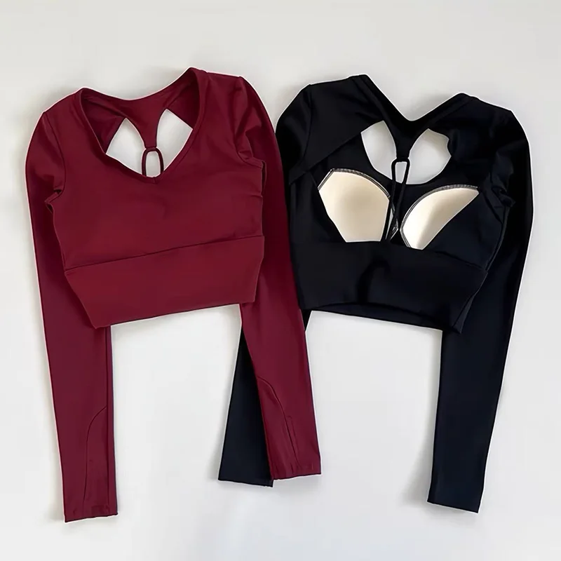 Sexy sem costas yoga wear feminino tripulação pescoço manga longa emagrecimento curto roupa de fitness com almofadas no peito camiseta de secagem rápida topo