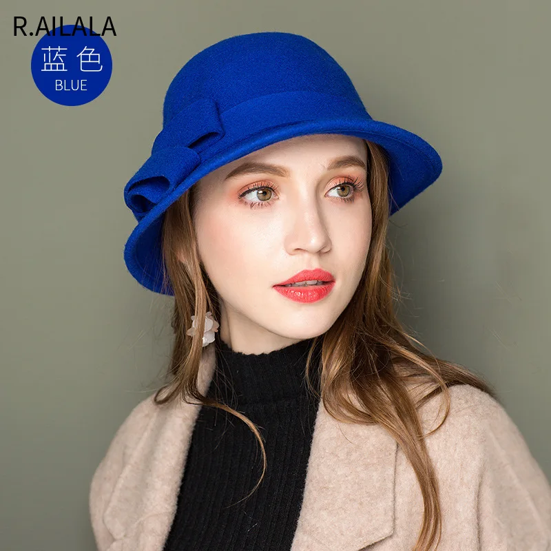 Ladies Party Banquet Formal Headwear Ladies Spring Autumn Fashion British Top Hat Rolled Asymmetric Bow 100% Wool Felt Fedoras