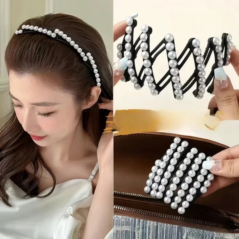 

Fashionable travel-friendly foldable pearl headband and anti-slip design High-quality hair accessories stretchable headband