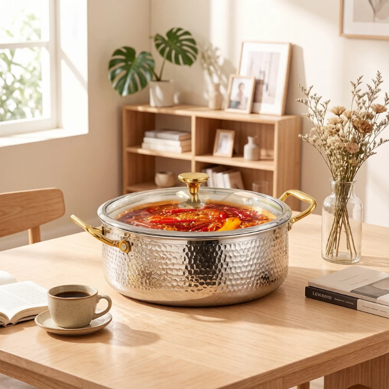 316 Stainless Steel Induction Hot Pot, Hammered Texture Double-Flavor Soup Pot, Food-Grade Even Heating Durable Durable Design