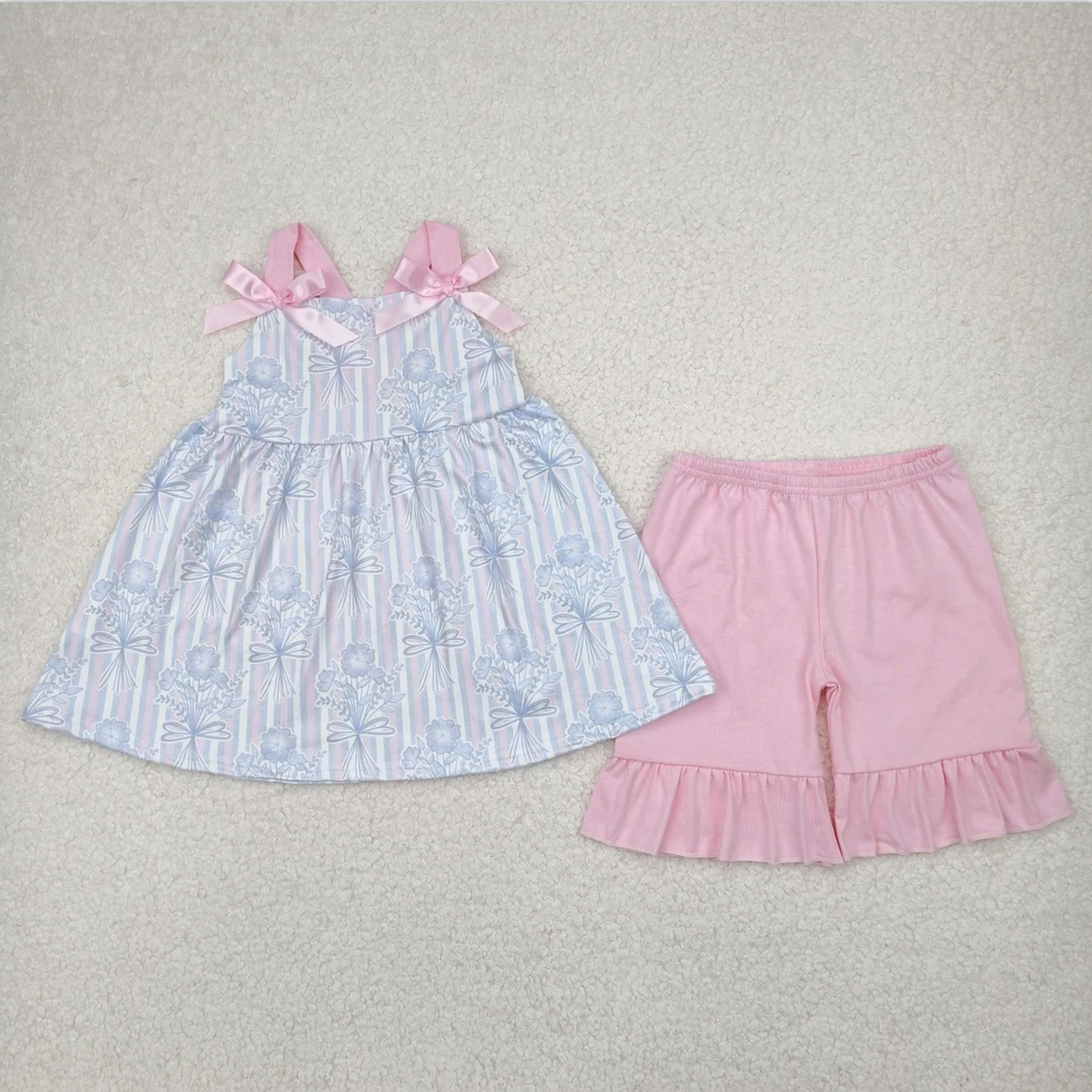

Fashion Kid New Arrival Cute Girls Outfits Summer Baby Girls Pink Strap Floral Stripe Tunic Ruffle Short Set Toddler Kid Clothes