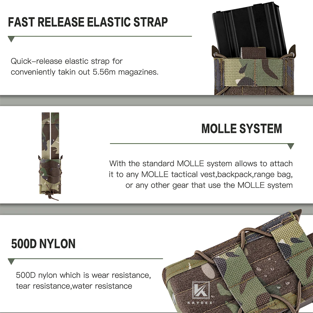 KRYDEX-Tactical 5.56 Magazine Pouch, M4, AR15 Rifle, Único Camo Mag Bolsas, Molle Holder, Caça, Airsoft, Paintball, CS Gear