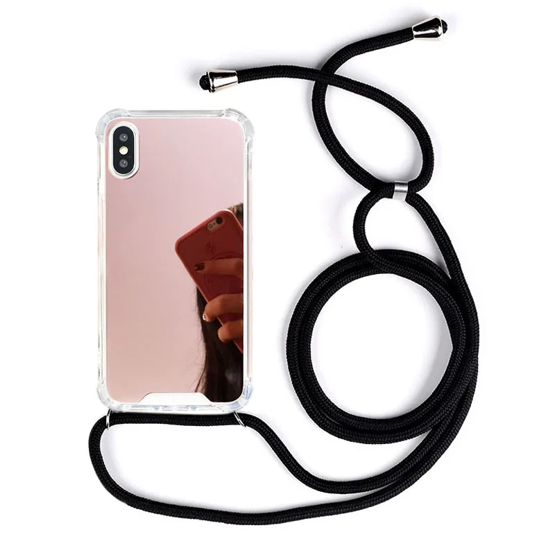 Mirror case with Lanyard for iPhone 16 12 11 Pro Max XR Necklace Rope Strap Cord Cover For iPhone 15 14 13 XS Max 8 plus SE 2020