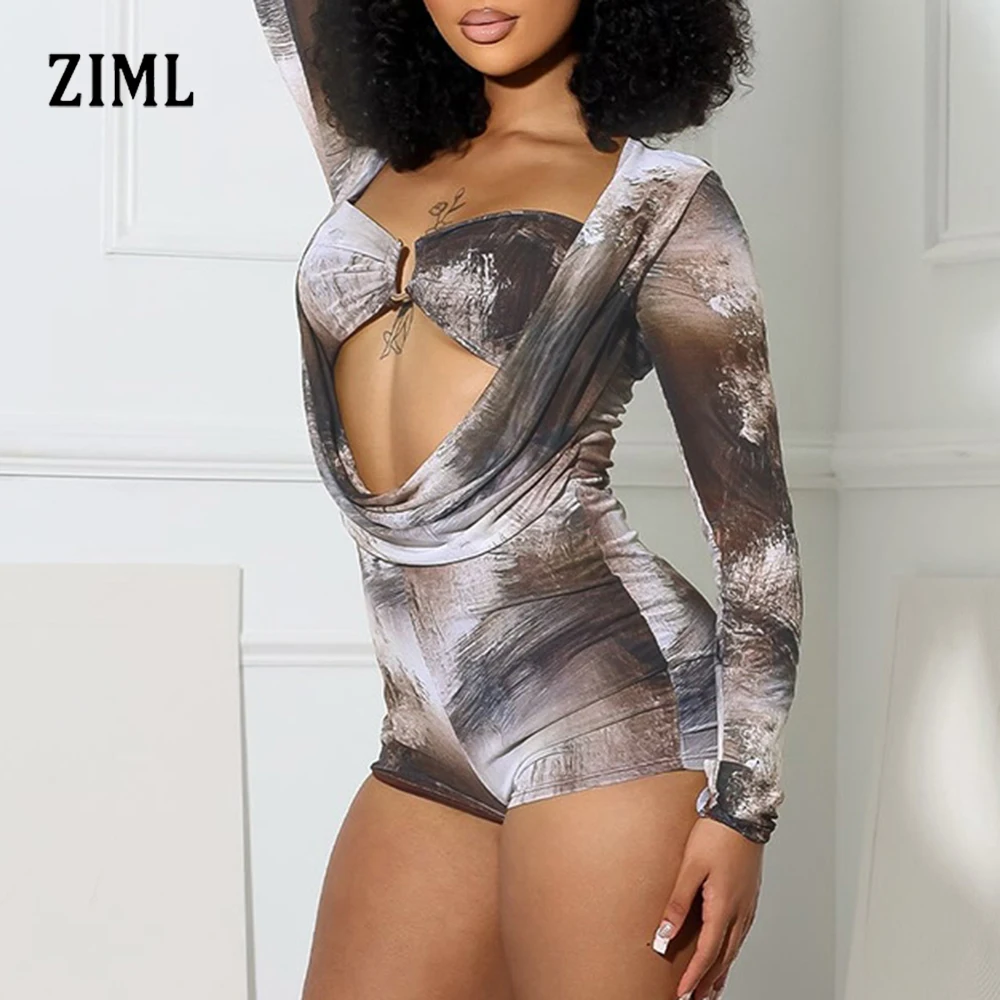 

ZIML Slim Fit Tie Dye Комбинезоны для женщин Квадратный воротник Топ с длинным рукавом Высокая талия Комбинезон Летний сексуальный комплект Женская мода Новый
