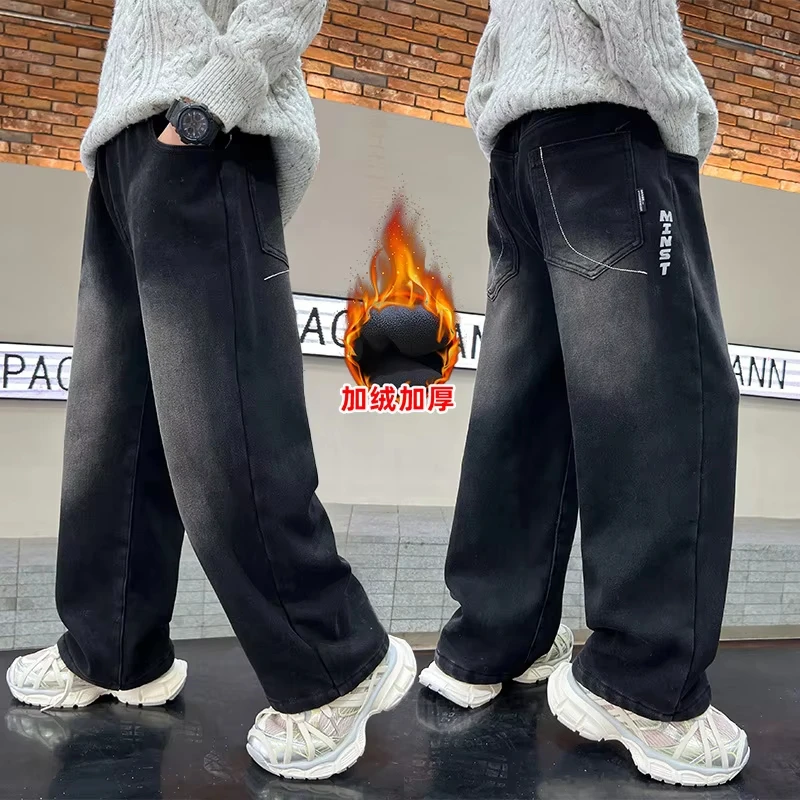 Winter Boys Retro Insulated Wide Leg Jeans Pants Childre Casual Thickened Warm Fleece-Lined Straight Denim Trousers For Kids