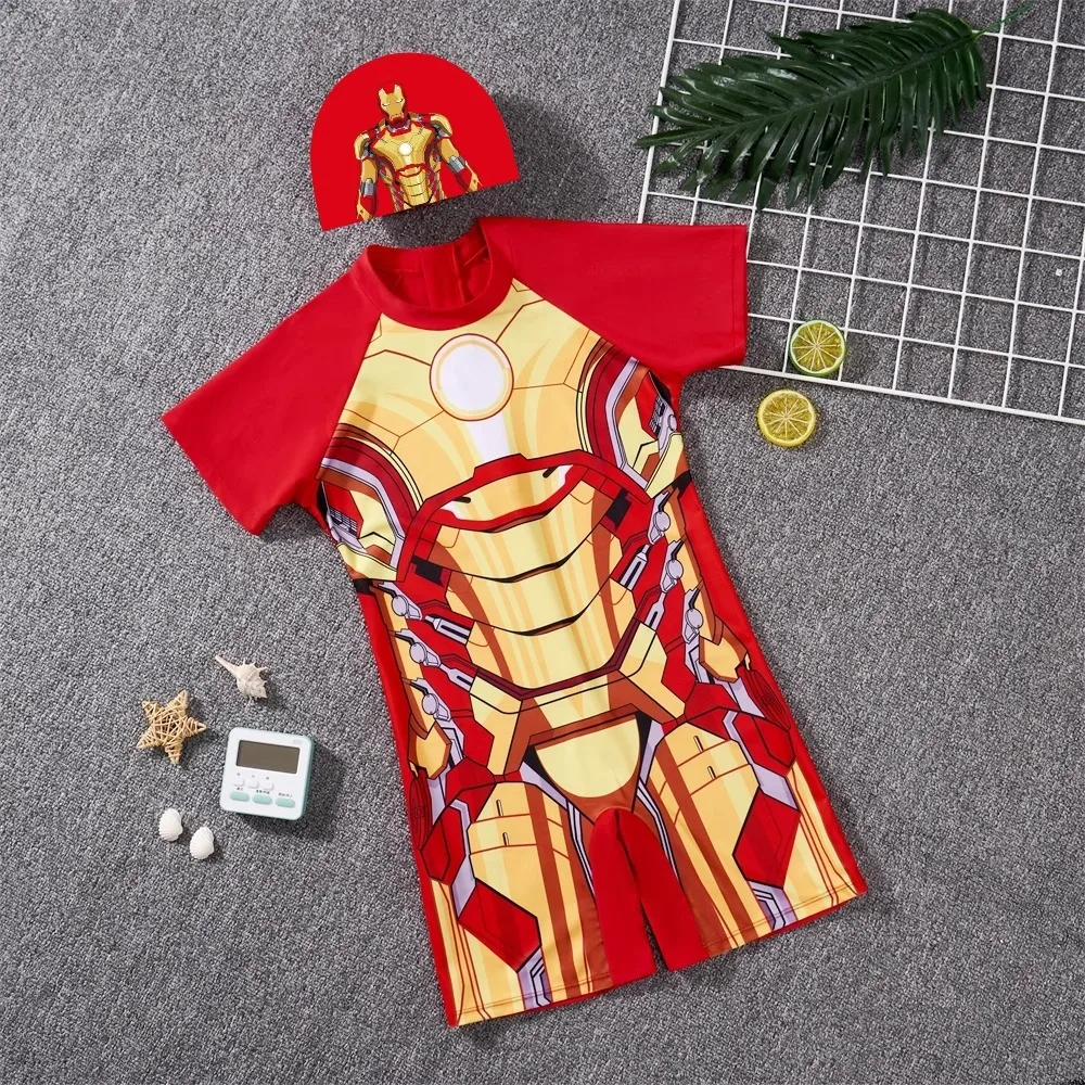 طقم ملابس سباحة وقبعة سباحة بطباعة كرتونية لطفل وفتاة ، ملابس بحر للأطفال ، توب بيجامة ، الرجل الحديدي ، الرجل العنكبوت ، مجمدة ، إلسا ، ملابس ، 2 *