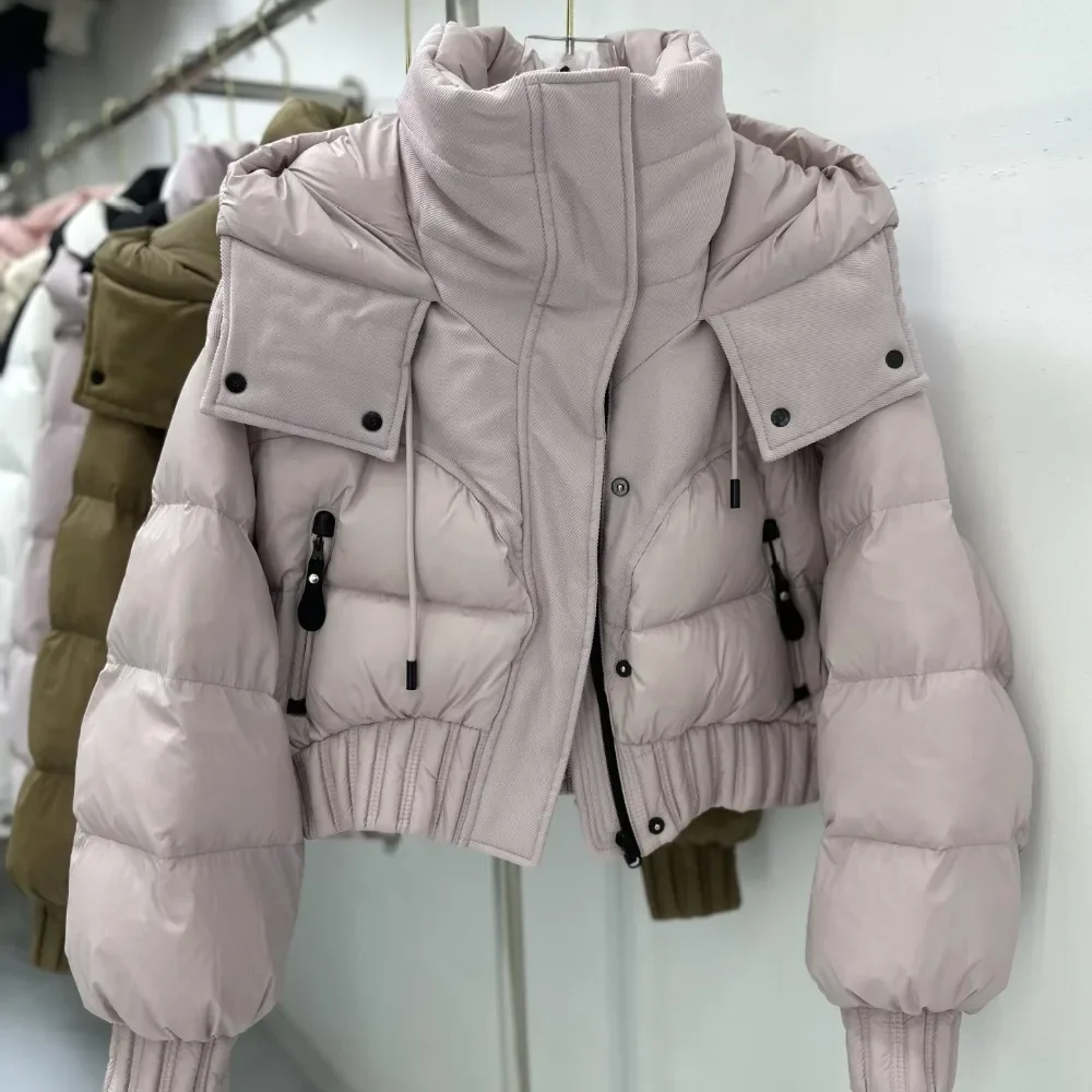 

Down Jacket Short White Down Coat for Women Black White Warm Hooded Outfit Thick Waist Long Sleeve Feather Puffer Jacket Lady