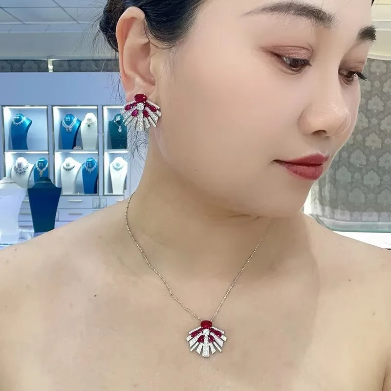 Europe America Style Earrings Necklace Women Lady Inlay Pink Red Yellow Cubic Zircon Firework Shape Pendant Jewelry Sets