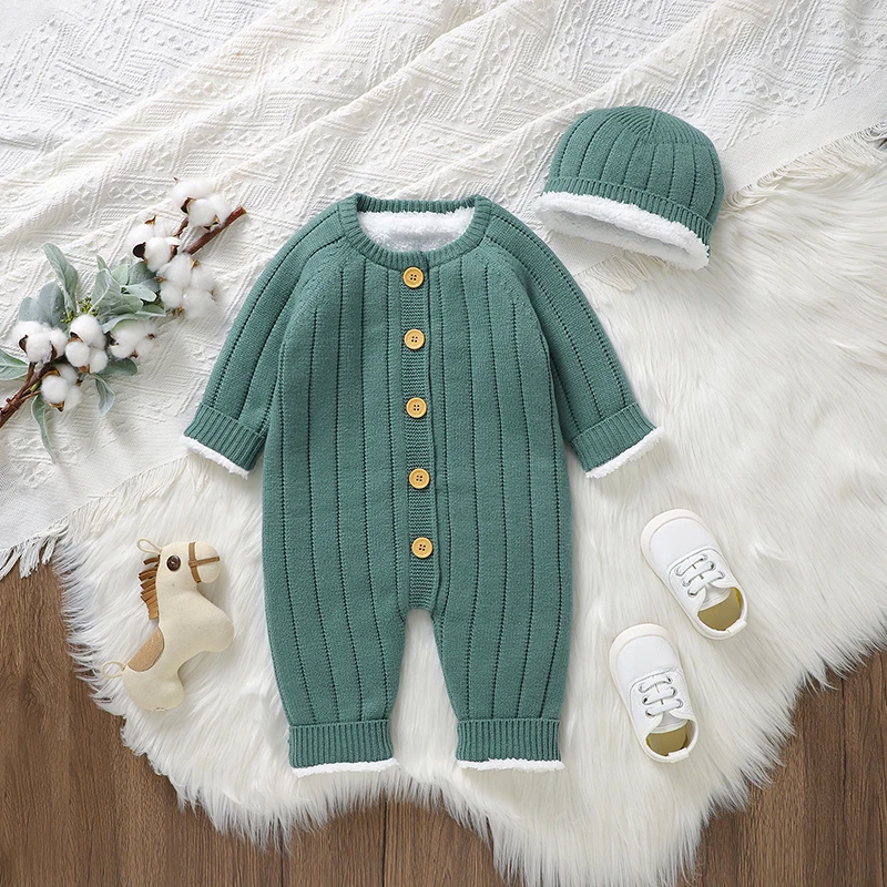 Winter Baby Romper Knitted Newborn Girl Jumpsuit Outfit Long Sleeve Infant Boy Clothes Hat 2pc Overalls 0-18M Fashion Solid Warm