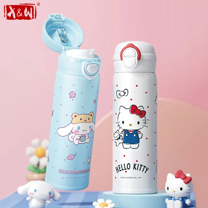 X&W For Sanrio 500ml Pop-up Thermal Mug Cartoon Kuromi Coffee Cups Leak-proof Sports Straw Tumbler Outdoor Travel Drinkware