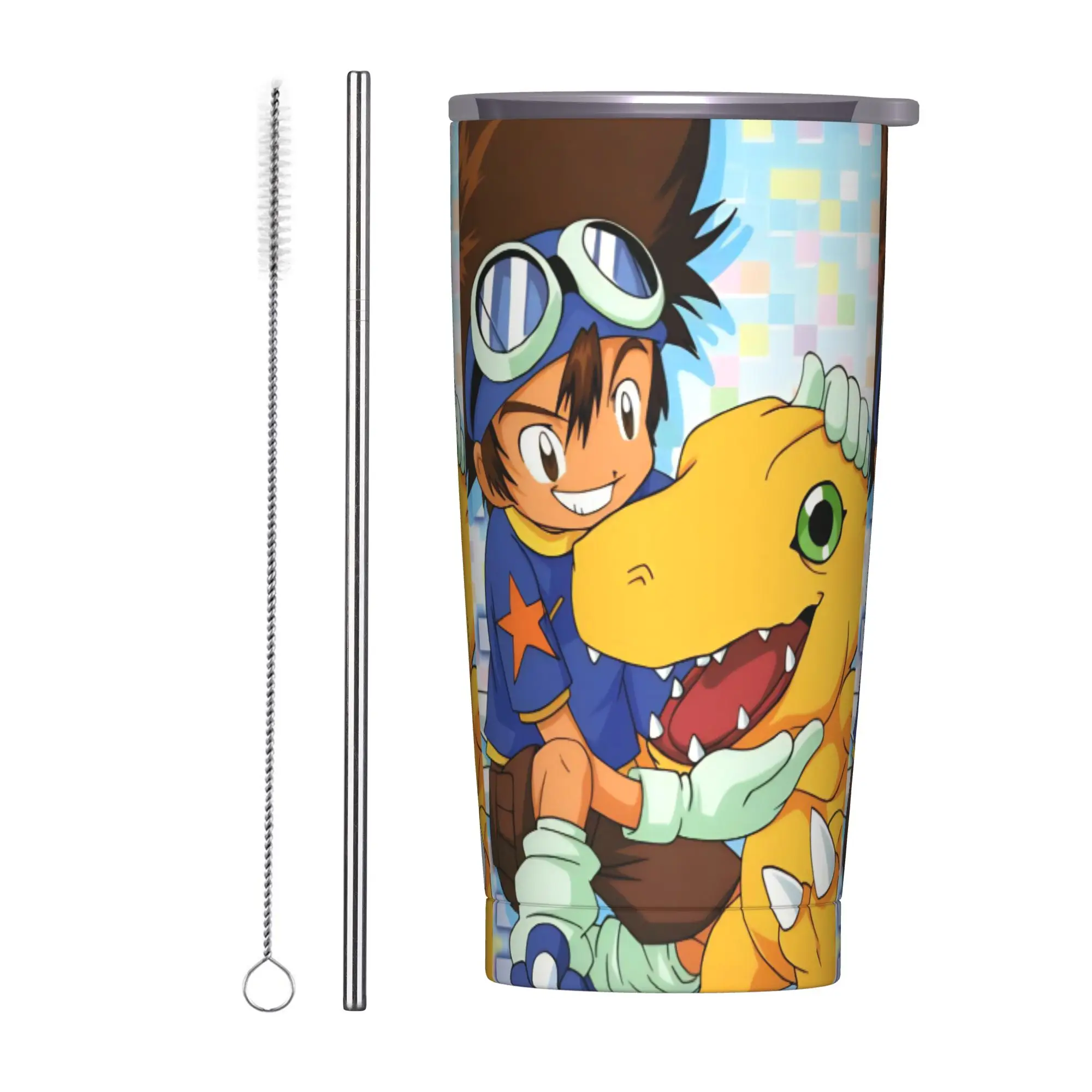 Термокружка Agumon Digimons с соломинкой, вакуумная, для кофе, офиса и дома, 20 унций
