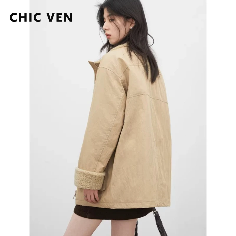 CHIC VEN Fashion Women Down Coats Solid Loose Casual Ladies Spliced Plush 90 White Duck Down Jacket Autumn Winter 2026 Clothes