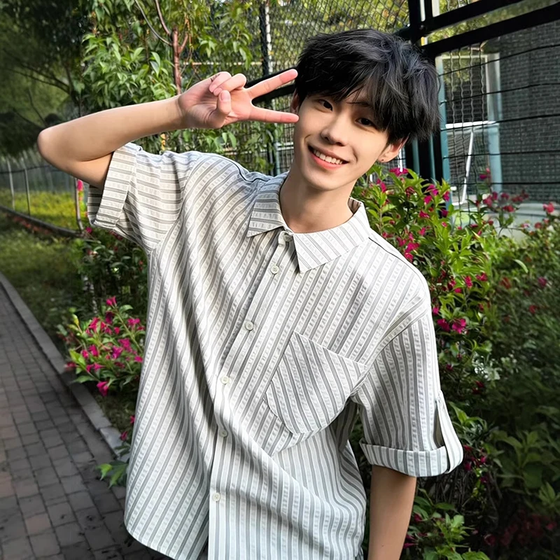WTHT Fashion 2026 Summer Men's Striped Loose Pockets T-shirts Trendy Short Sleeves Lapel Single Breasted Shirts Male 2A2890