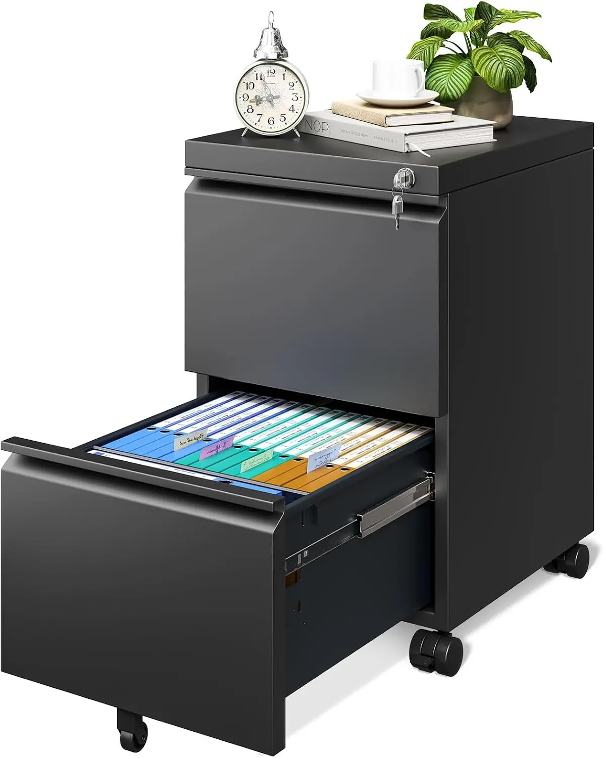 File Cabinet for Home Office, Fully Assembled Filing Cabinet 2 Drawer Rolling File Cabinets with Lock, Small Mobile File Storage