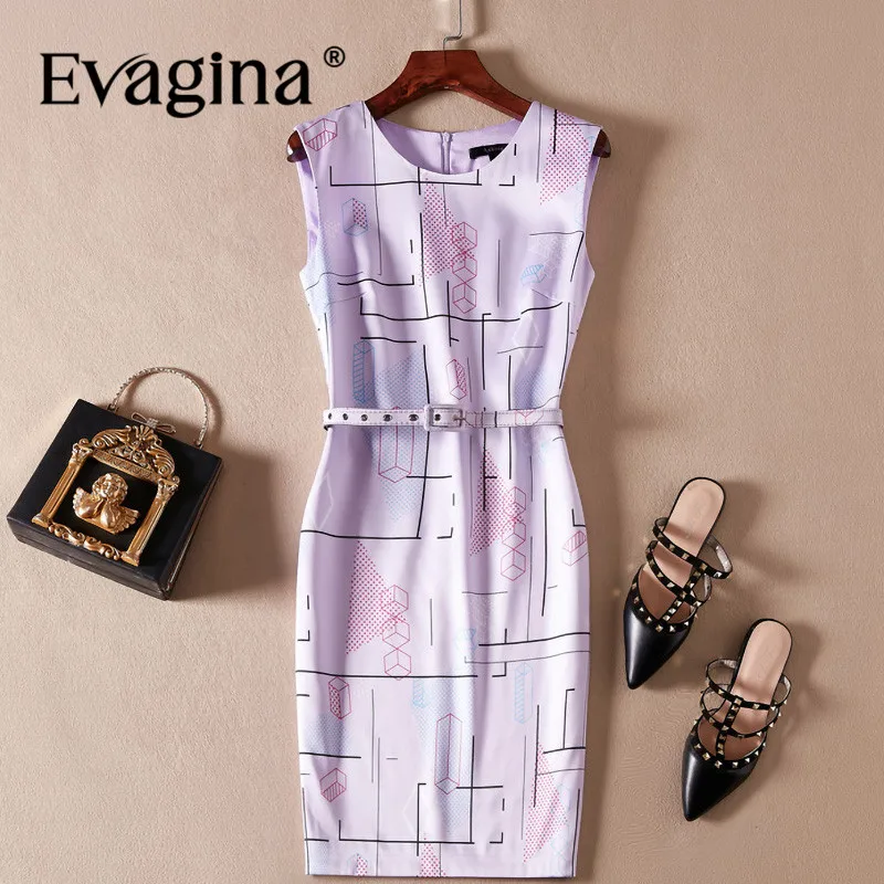 Evagina Fashion Design Spring Summer Women's Sleeveless Printing Lace-UP Commuter Purple Slim-Fit Hip Wrap Pencil Dresses