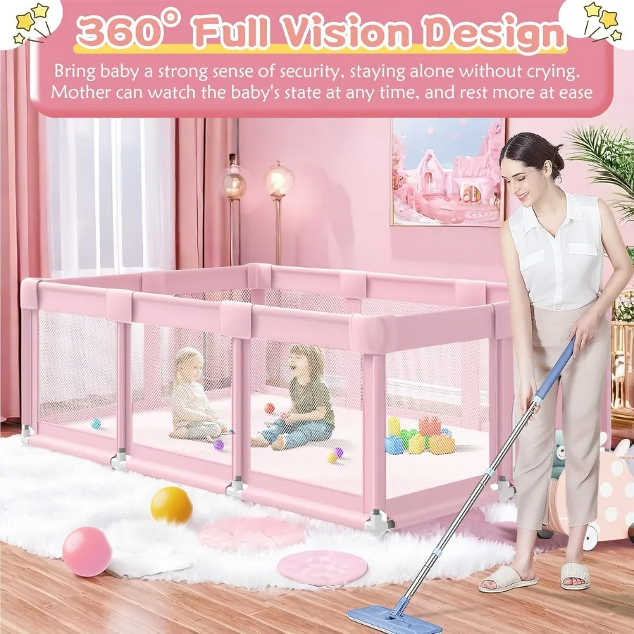 Grand parc rose pour bébé, parc 74x50 pour fille, grands canards de jeu pour bébé intérieur et extérieur, stylo de jeu robuste et de sécurité pour filles avec doux