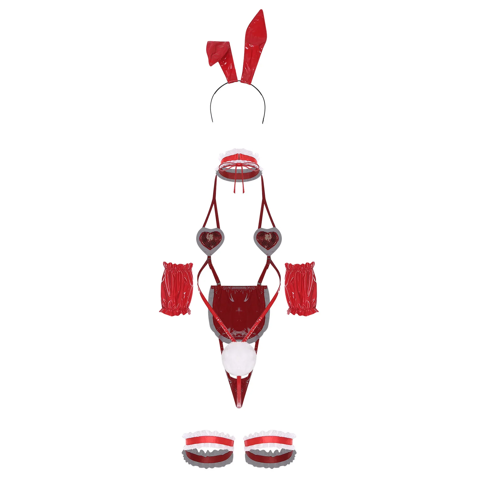 Женский сексуальный костюм горничной для косплея, женский комплект нижнего белья с кроликом, жирный ажурный кружевной отделкой с рюшами, микро-бюстгальтер, боди, стринги, головной убор