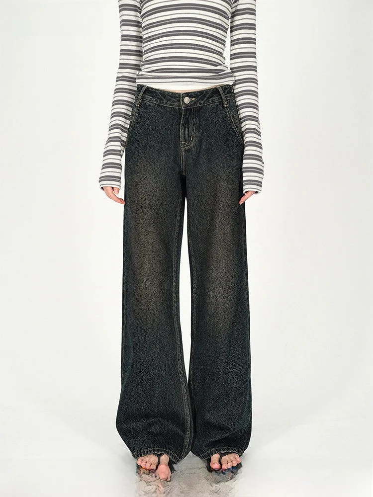 

AFTADAWN 01A Low Waist Dark Wash Pure Cotton Jeans Loose Wide Leg Pants Casual Style Vintage Finish Straight Cut Trousers