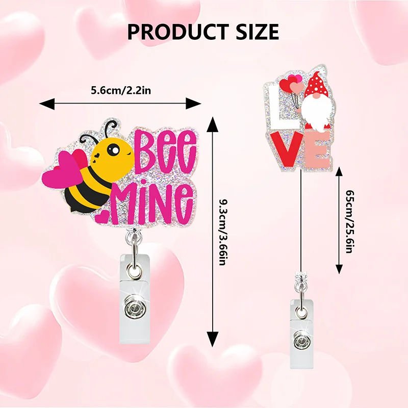 Cute  Glitter Acrylic Valentine's Day Badge Reel Retractable ID Badge Holder With 360 Rotating Alligator Clip Nurse Name Holder