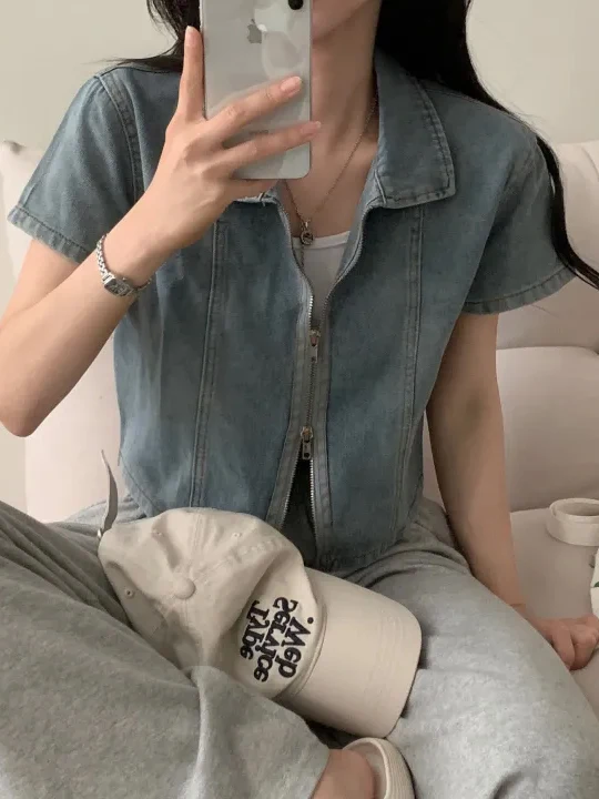 ort Sve Zipper Denim irt Jaet Women's Retro Hong Sle Chic Faion Turn-down Collar ort Coat Korean Waist-cinching