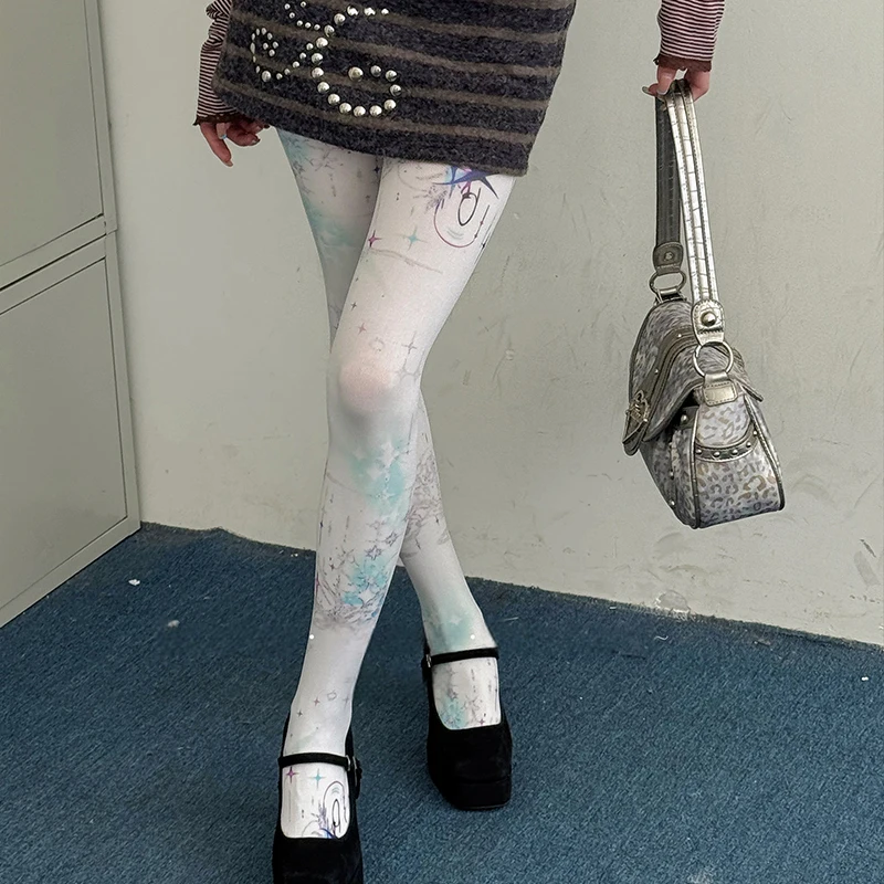 Women Colorful Stars Printed Tights White Pantyhose Y2K Lolita Stars Pattern Hosiery for Halloween Party Cosplay Daily Outfit
