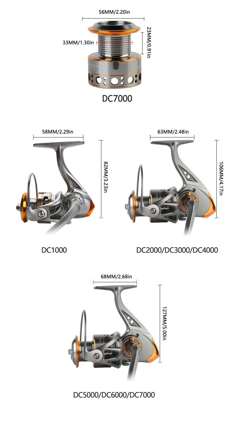 DC 1000~7000 Serie, Übersetzungsverhältnis 5,2:1, maximale Bremskraft 26 LB, CNC-Metallspule, Spinnrolle, für Süß- und Salzwasserfischen – Detail 8