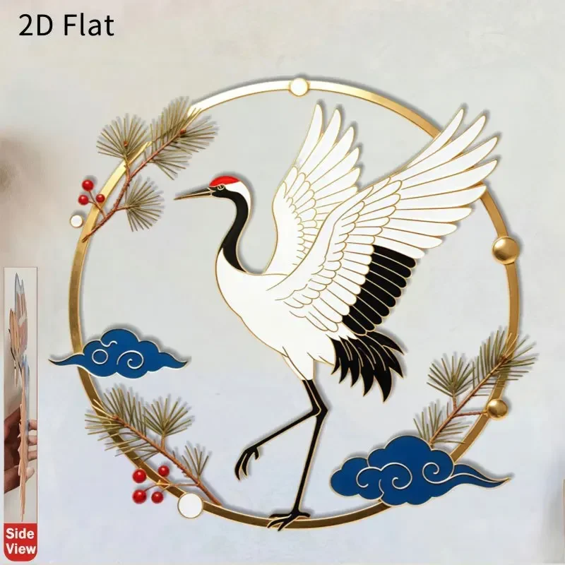 CIFBUY Iron Wall Art Chinese Red Crowned Crane Pine Cloud Enamel Metal Sculpture For Living Room Study Tea Room Housewarming