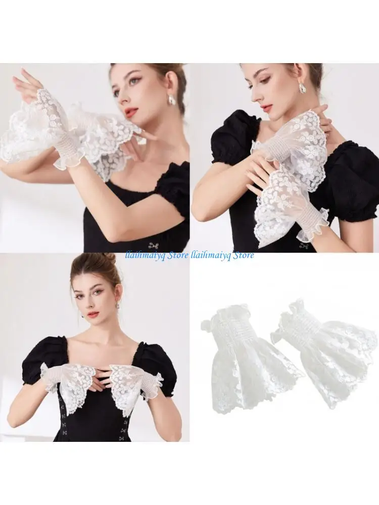 573B Floral Embroideried Cuffs Lace Wrist Cuffs Hand Sleeves Detachable False Sleeve Wrist Cuffs for Office Dance and Prom